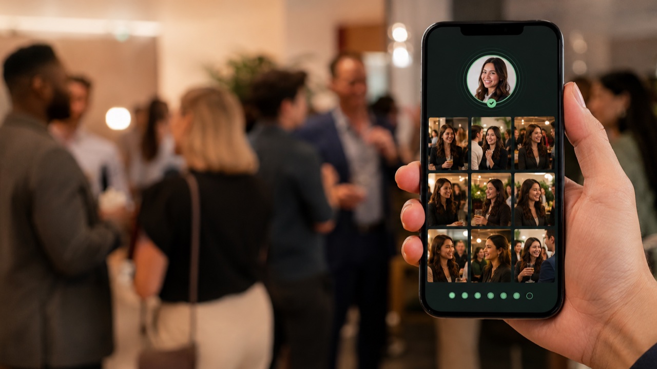 Event guest finding their photos in a private mobile gallery